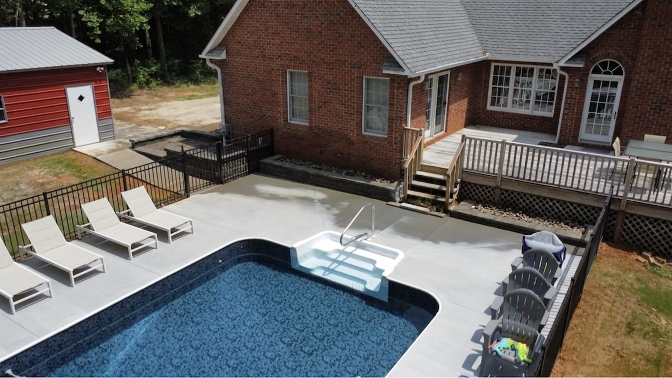Aerial view of finished pool paver patio Western NC