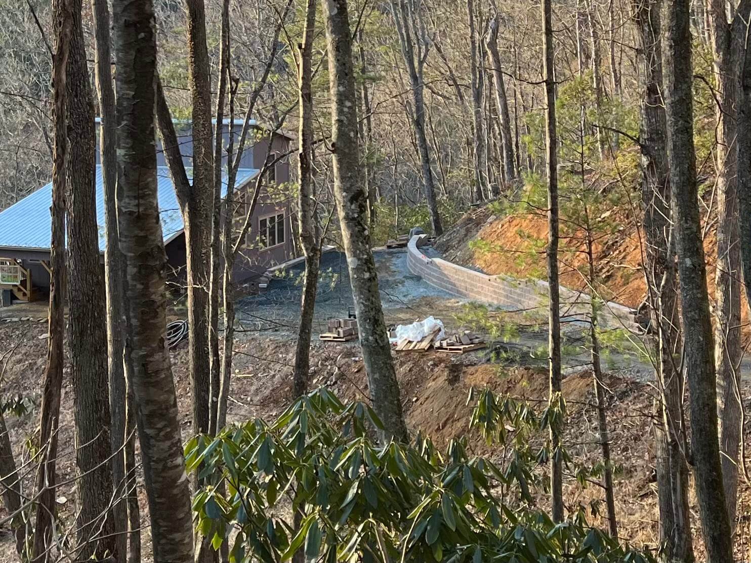 Retaining wall aerial view forest Western NC