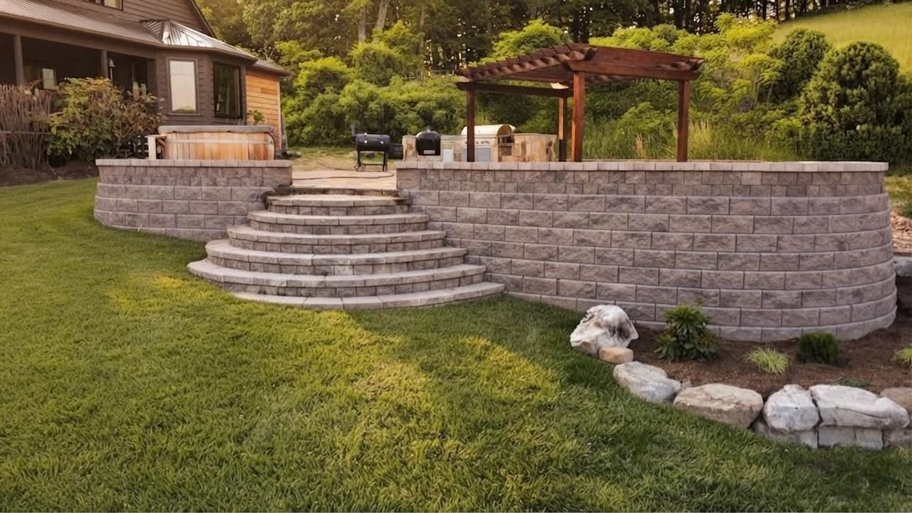 Elevated patio with outdoor kitchen, pergola, and curved retaining wall Western NC